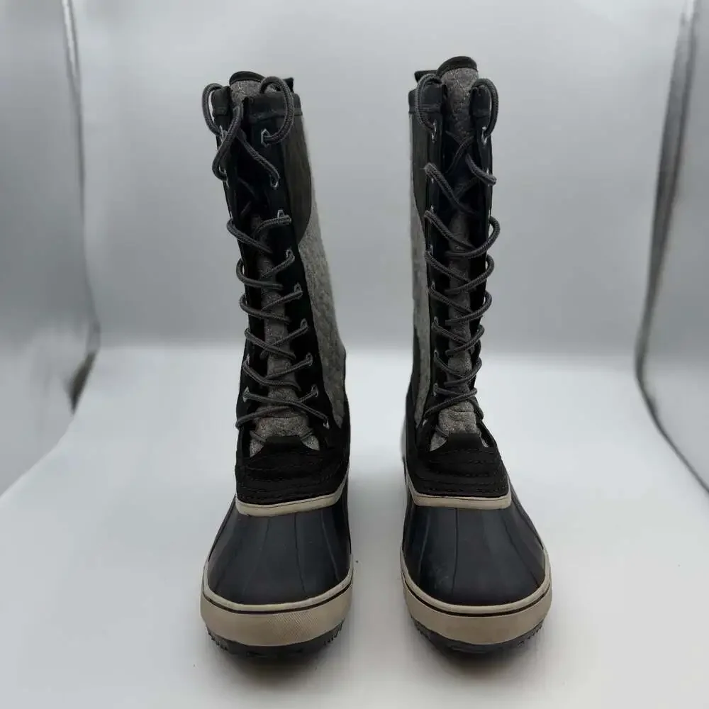 Sorel Sorelli Tall Waterproof Lace-Up Winter Boots in Black and Grey Felt